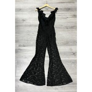 Vintage 1960s Glydons Of Hollywood Black Lined Lace Ruffle Bell Bottom Jumpsuit